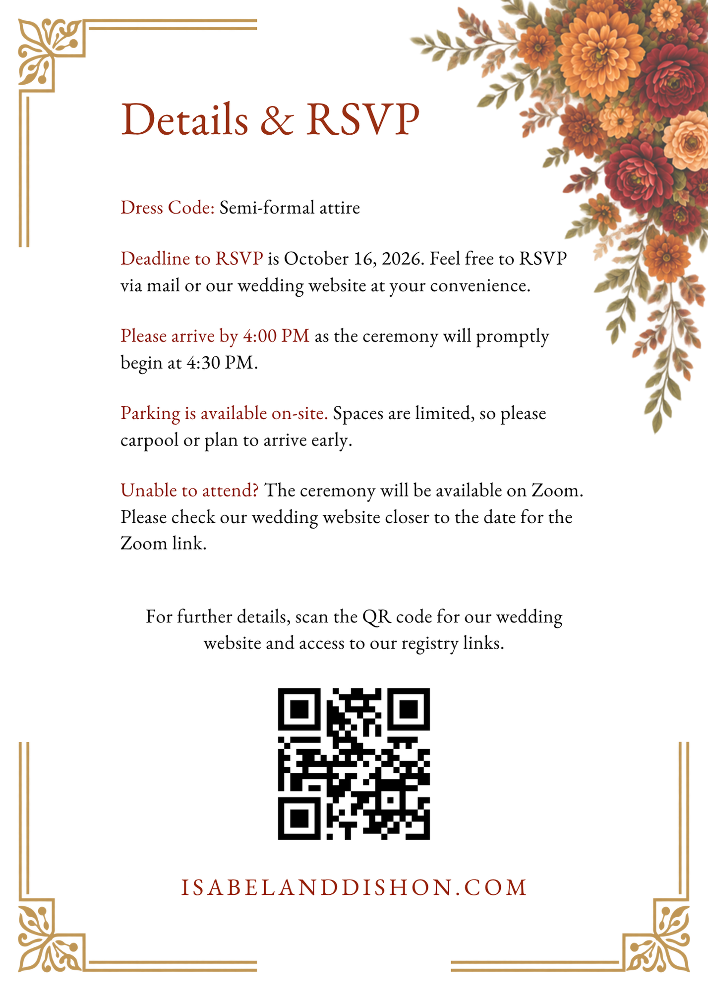 Wedding details and RSVP information