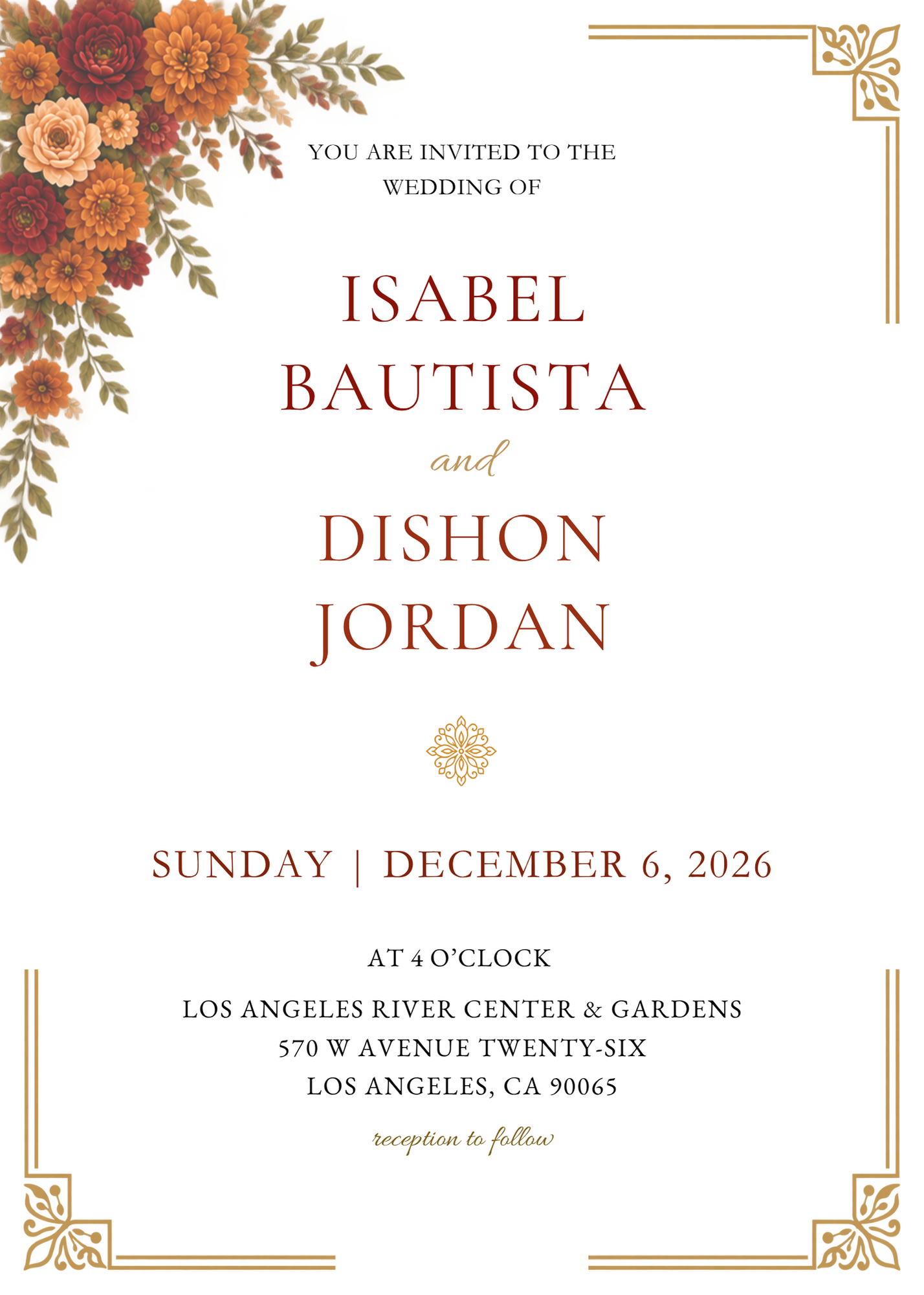 Wedding invitation for Isabel Bautista and Dishon Jordan on December 6, 2026